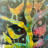 Abstract artwork with colorful birds on a black background