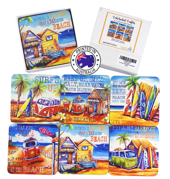 NEW! Set of 6 Surf Cork-back coasters (10x10cm)