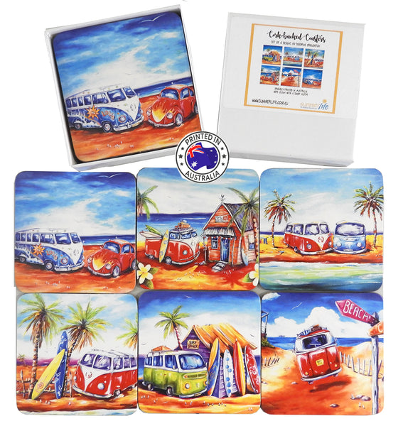 NEW! Set of 6 Surf Cork-back Kombi coasters (10x10cm)